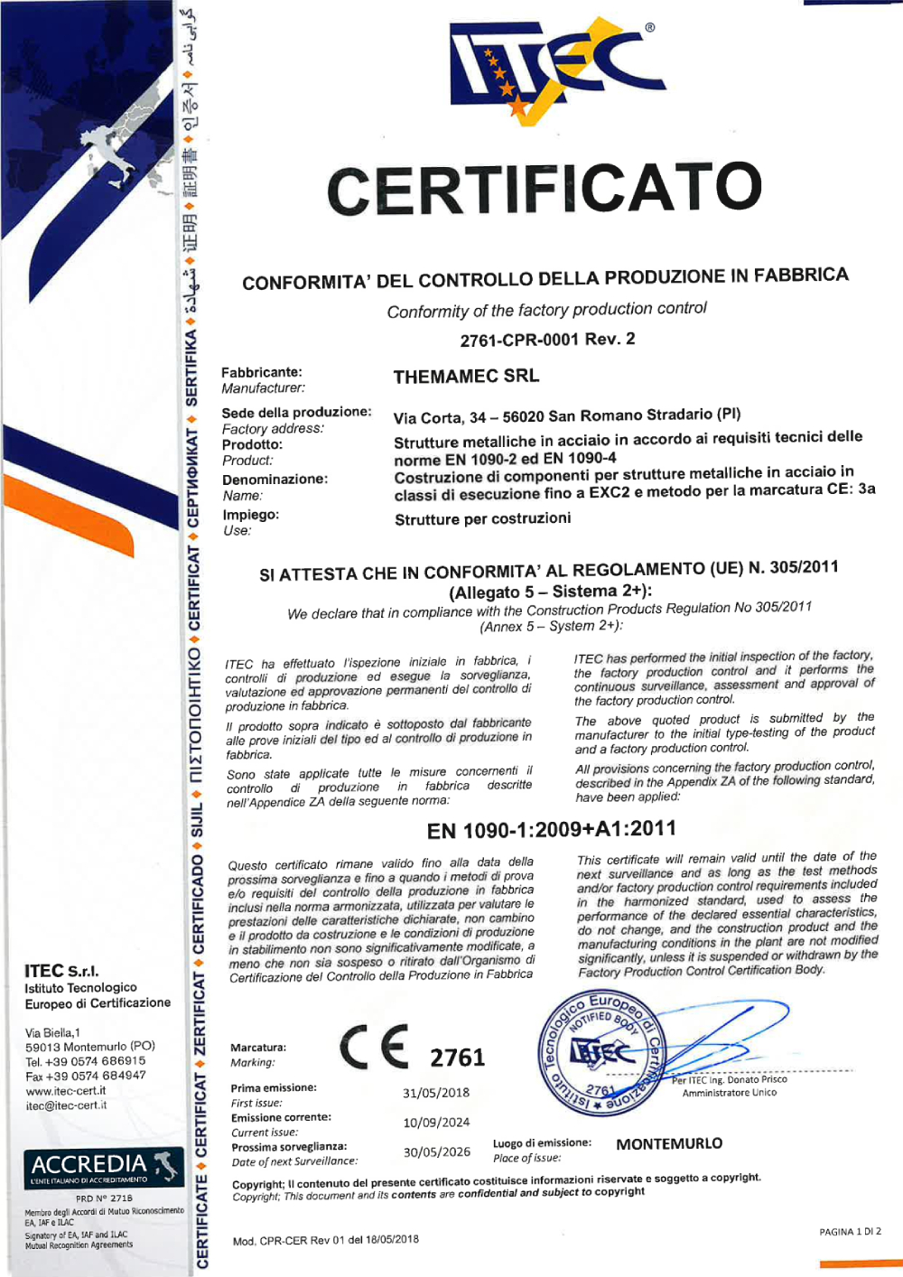 Certificate EN 1090-1:2009+A1:2011